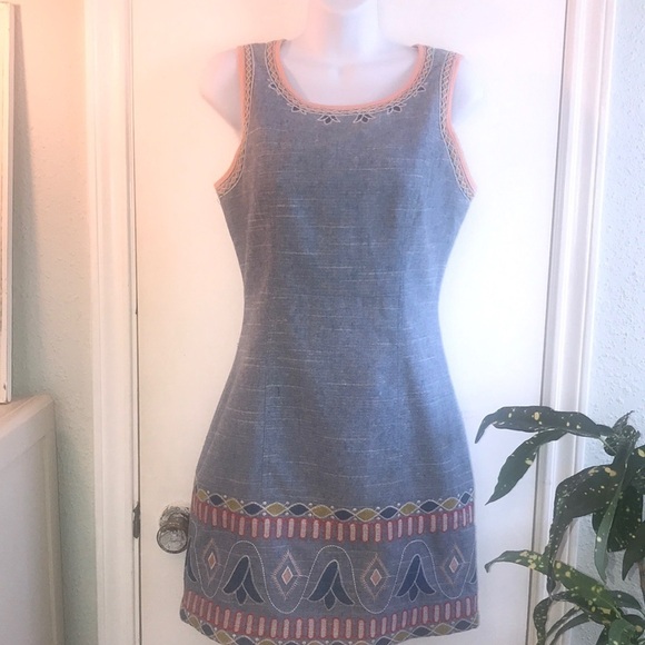 Esley Blue Embroidered Linen Blend Floral Sheath Dress Size Small - Picture 1 of 14